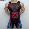 Men Sleeveless Letter Mesh Sheer Patchwork Fitted Bodysuits One Piece Jumpsuits Underwear