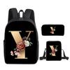 Fashion Novelty Flower letters A-Z 3D Print 3pcs/Set pupil School Bags Laptop Daypack Backpack Inclined shoulder bag Pencil Case
