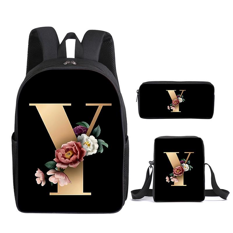 Fashion Novelty Flower letters A-Z 3D Print 3pcs/Set pupil School Bags Laptop Daypack Backpack Inclined shoulder bag Pencil Case