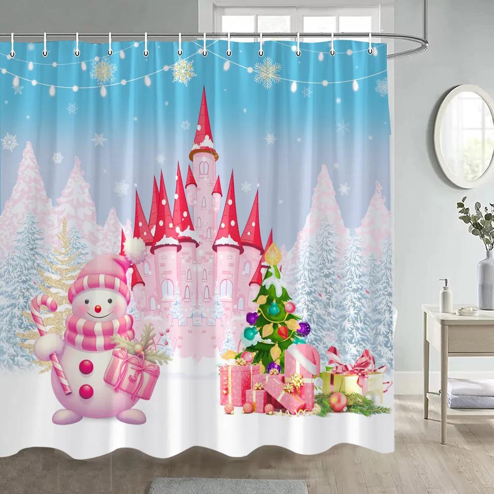 Zima Vánoce Sprchový závěs Legrační sněhulák Xmas Trees Krbové auto Lesní Snowy Scéna Nový rok Holiday Home Dekorace koupelny
