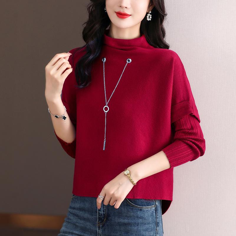 Semi-turtleneck Knitted Bottoming Shirt Women's Spring and Autumn Models New Long-sleeved Splicing Fake Two-piece Top Short Sweater