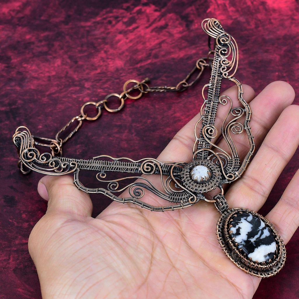 White Buffalo Turquoise Necklace Copper Wire Wrapped Jewelry Adjustable Necklace Rainbow Moonstone Necklace