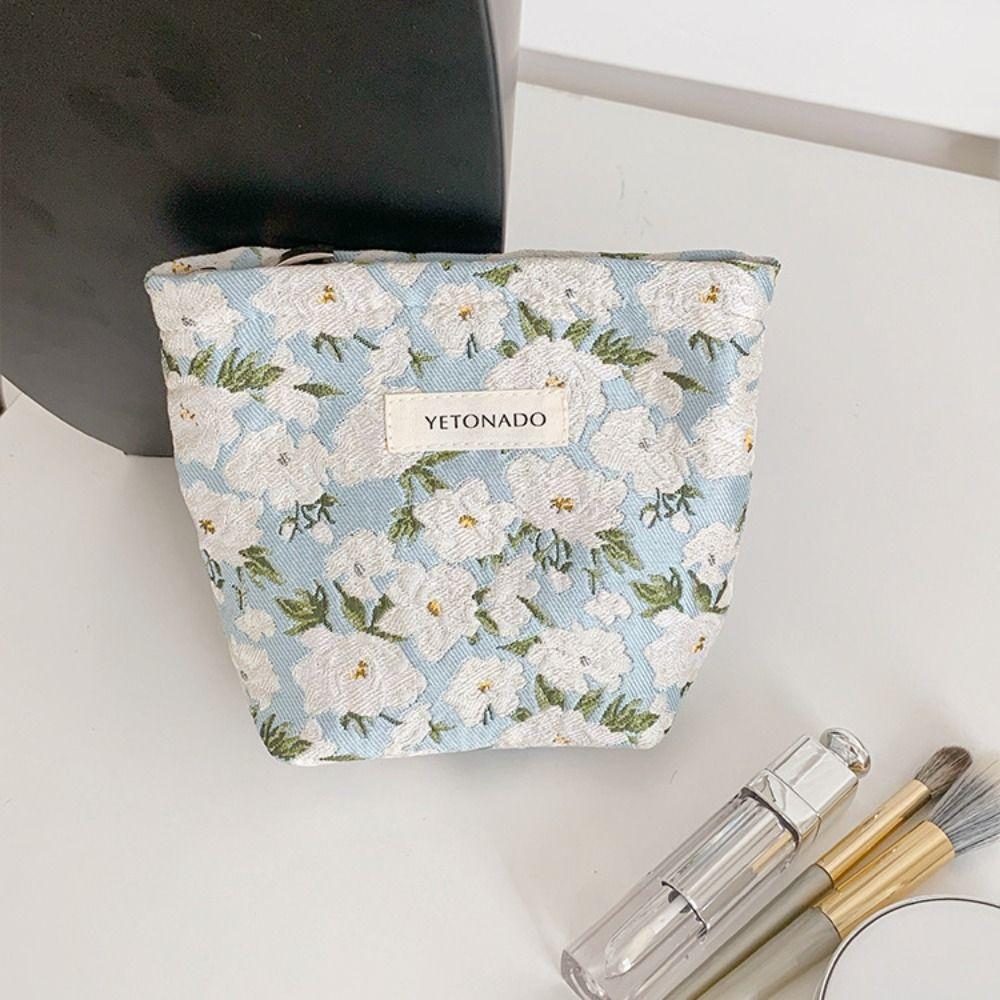 Polyester Canvas Flower Clutch Bag Large Capacity Flower Pattern Makeup Bag Zipper Closure Portable Travel Toiletry Bag