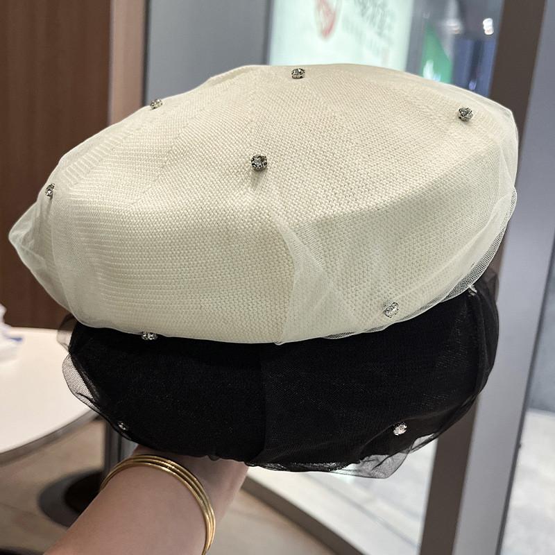 Lady Ballet Beret Hat With Pearl Mesh Embellishment For Casual Summer And Spring Wear