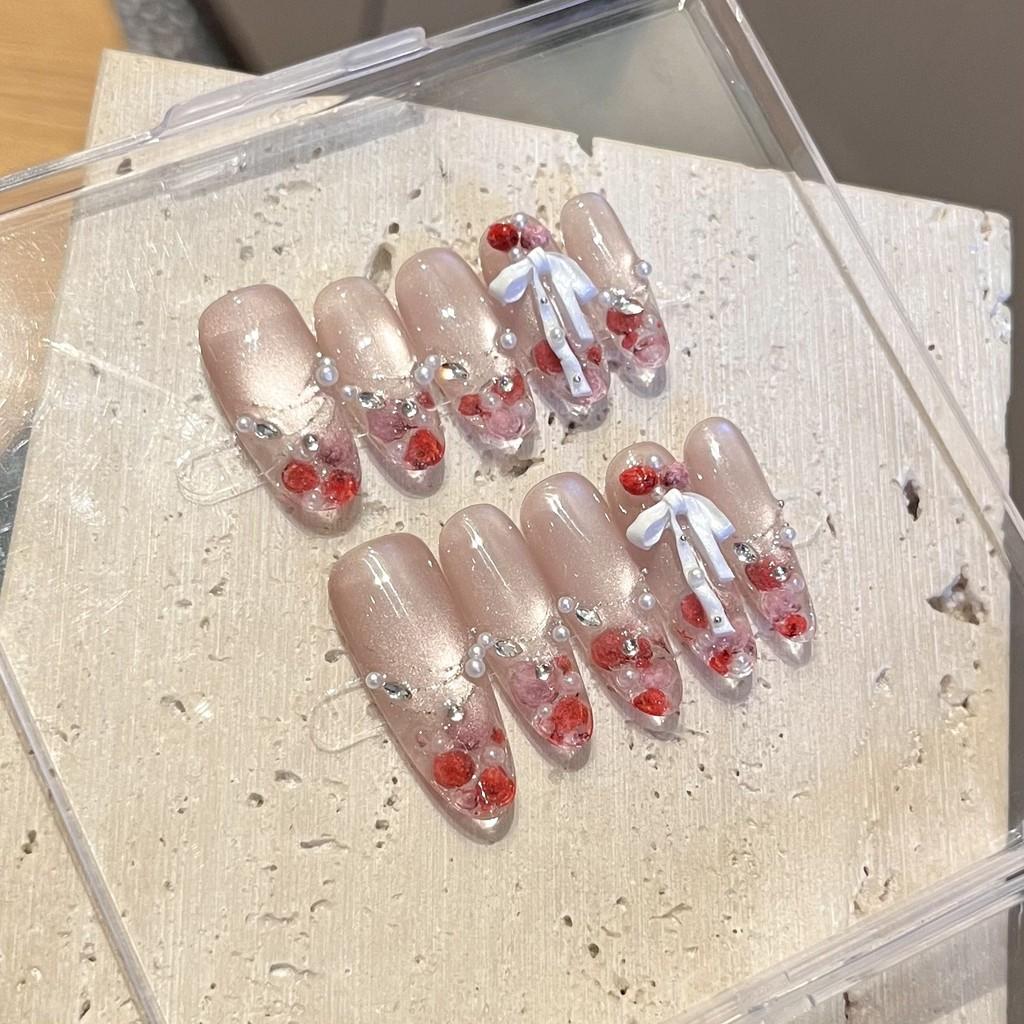 Handmade Press On Nail French Sparkling High-end Ice Crack Cat Eye Hand-painted Rose 3D Bow Pearl Fake Nail Patch Artificial Nail Reusable