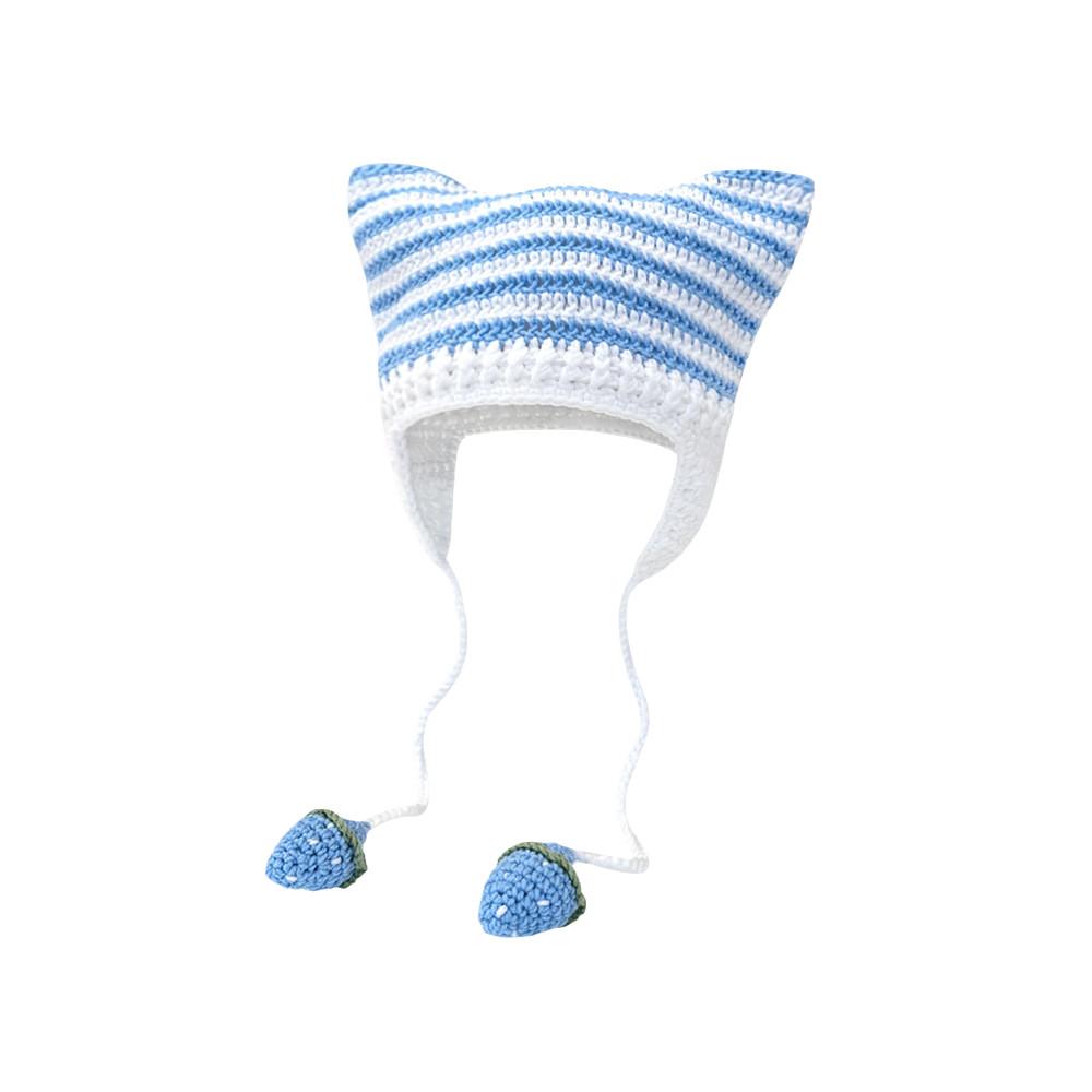 

Lovely Striped Cat Ear Knit Beanie For Women Autumn Winter Cycling Ear Warmer Fashion Headwear синій