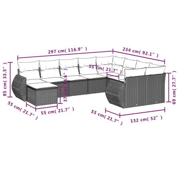 VidaXL Salon de Jardin avec Coussins 10 pcs, Canapés de Terrasse, Ensemble de Meubles de Patio, Mobilier d'Extérieur, Noir 3221855