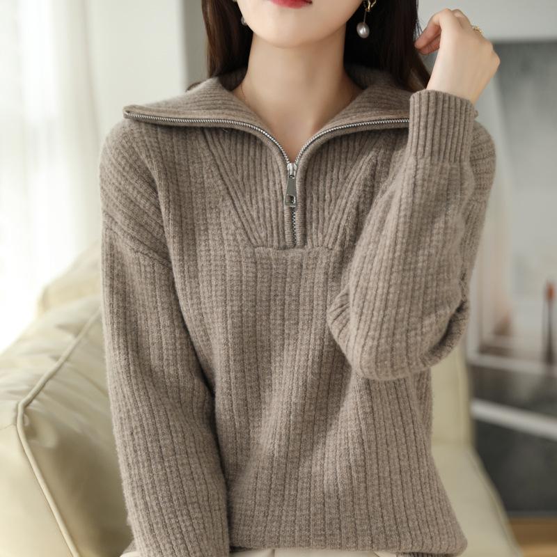 Women's 100% Pure Wool High-Neck Half-Zip Thickened Cashmere Sweater - Loose Knit Solid Color Pullover