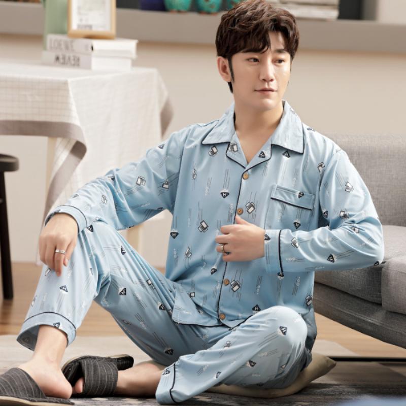 Plus Size Faux Cotton Print Men's Pajamas Korean Ins Autumn Y2k Male Nightwear