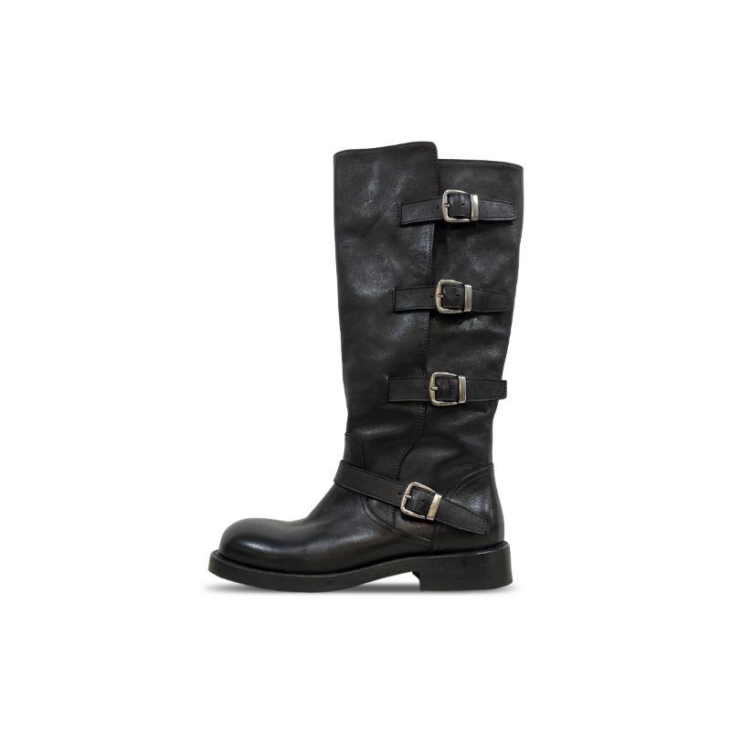 Cowhide version~ Retro long boots women's thick heel belt buckle high black boots versatile leather pleated trouser tube boots