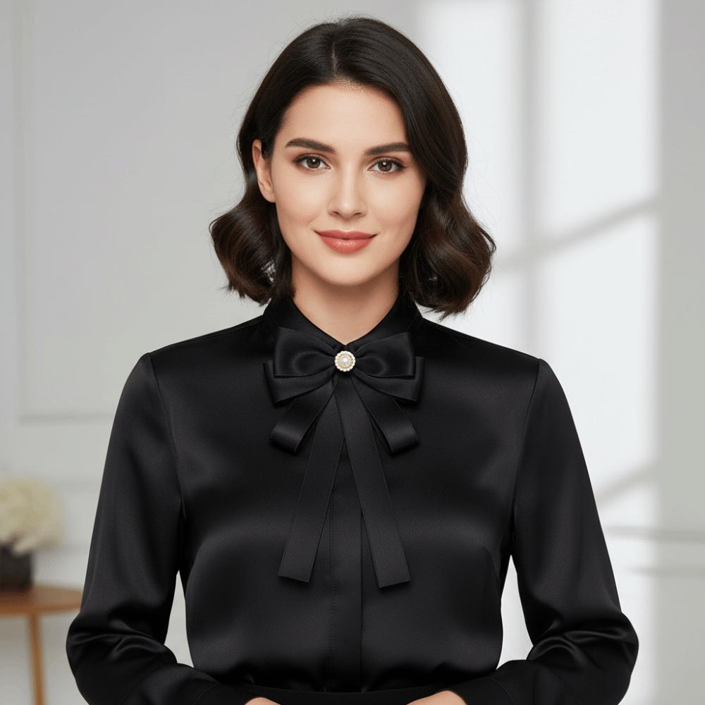 Pearl Black Ribbon Pin Rhinestones Ribbon Badge Brooch Elegant Black Bow Necktie  Mourning