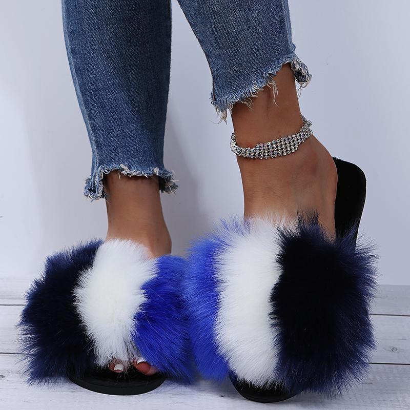 Women Faux Fur Slippers Trend Furry Fur Comfortable Slippers Plush Flats Sandals Casual Fluffy House Shoes Summer Slides Women