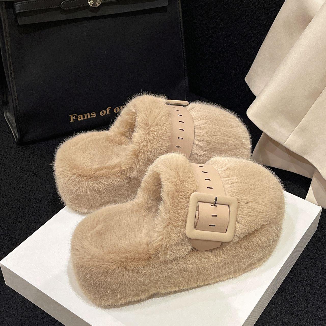 

Женские тапочки из искусственного меха от инфлюенсеров - Закрытый носок, платформа на толстой подошве, хлопковые тапочки высокого класса Осень/Зима 2025. 40