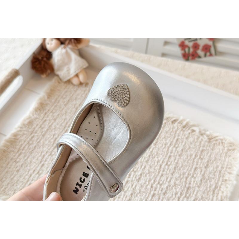 British Style Korean Little Girls Rhinestone Heart Princess Soft Sole Leather Shoes