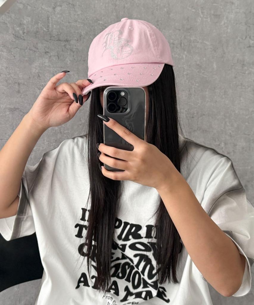 WEGO Logo Rhinestone Korean Street Size Pink Cap, Style, Gift, Women's, F/L,