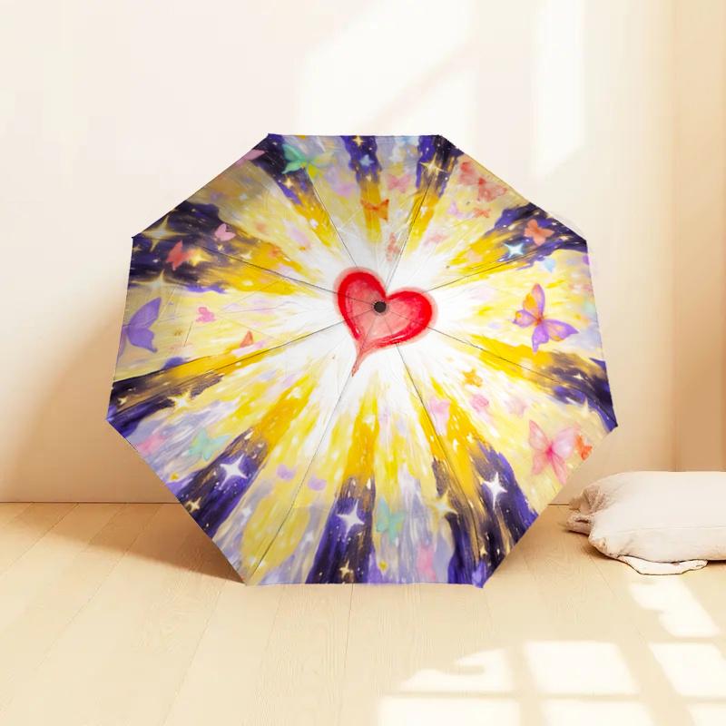 Colorful Butterfly Heart Automatic Opening Folding Umbrella - 8 Bone Iron Frame, Suitable for Fans, Travel, Daily Use, Festive Gift1121001a
