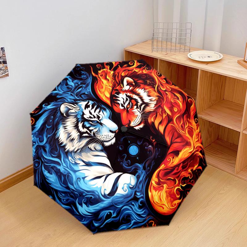 1 PC Automatic Folding Umbrella - Yin Yang Tiger Pattern, Portable & Foldable Design with 8 Ribs, Christmas Birthday Gifts