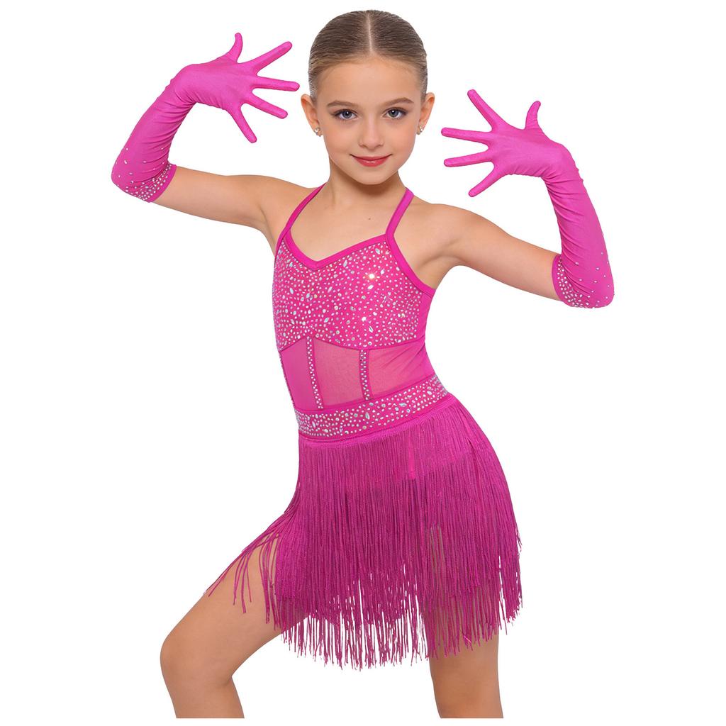 Mädchen Cross-Back-Trikot Netz-Patchwork Stufen-Quasten Ärmellos Latein-Outfit Netz-Handschuhe