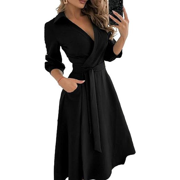 Damen Langarm Maxikleid V-Ausschnitt Knöchellang Langes Kleid Lässiges A-Linien-Kleid mit Gürtel