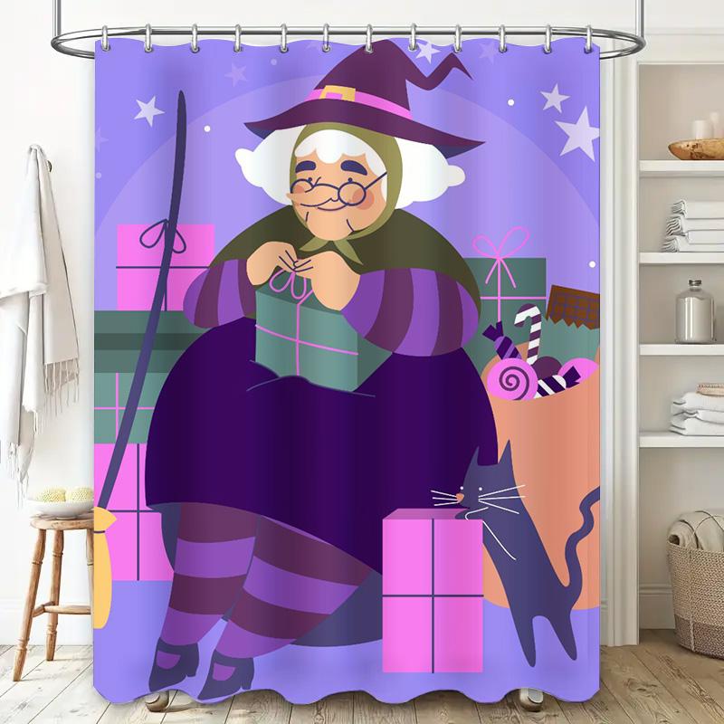 Colorful Halloween-Themed Shower Curtain With Witch Design For Bathroom Decor Purple Starry Sky Background Included #Bathroomacc