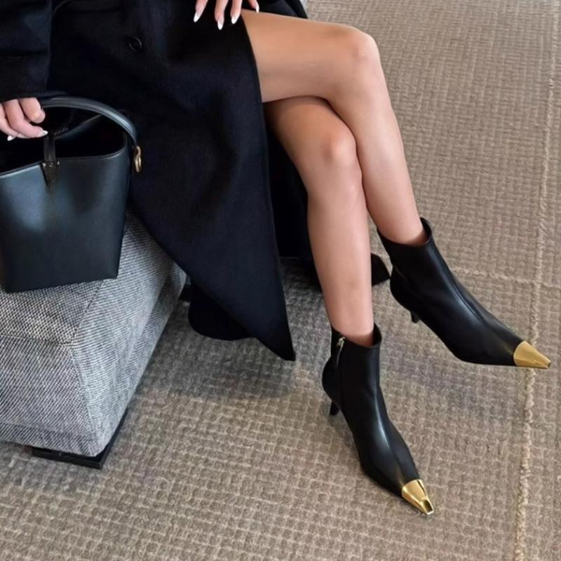 Women's Metal Pointed Stiletto Heel Ankle Boots Side Zipper Autumn Winter Slim Black Chunky Boots