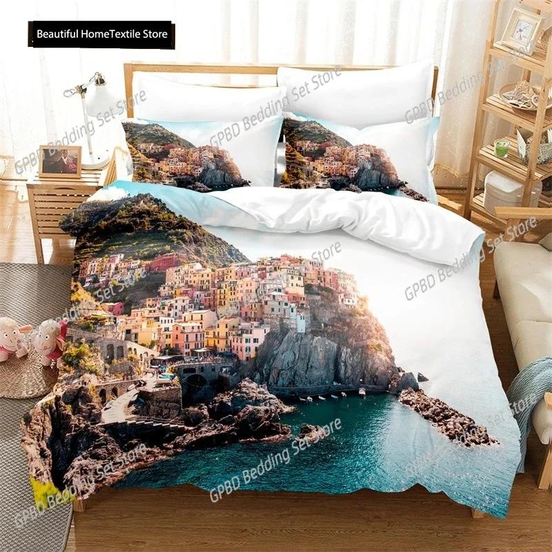 

Beautiful Coastline City Duvet Cover Set 3d Digital Printing Sea Landscape Bed Linen Queen Polyester Bedding Set Fashion Design EU SuperKing 260x220