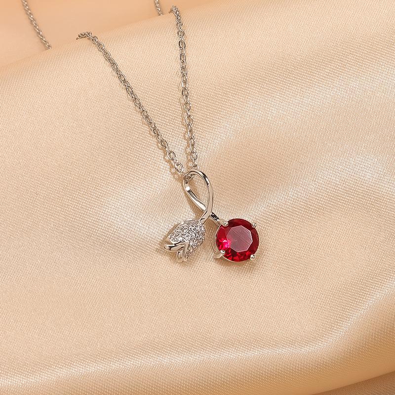 Women's Luxury Zircon Cherry Pendant Necklace - Elegant Copper Clavicle Chain