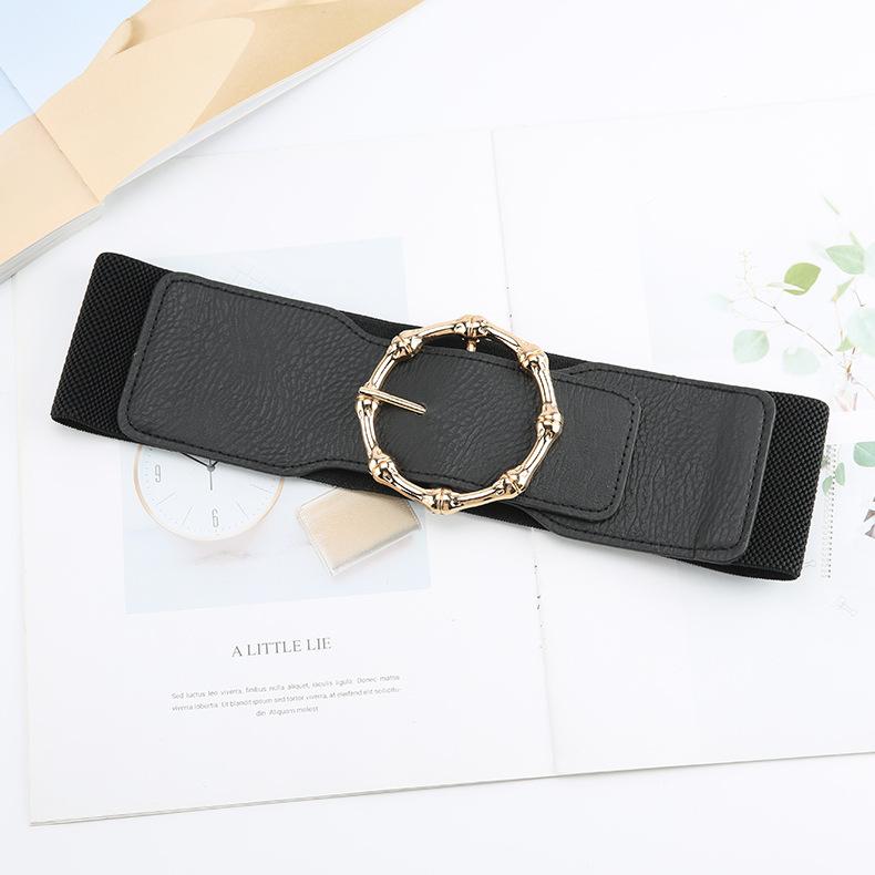 Wind Lady Round Buckle Wide Belt Retro Elastic Elastic Waist Seal Dress Waist Decoration