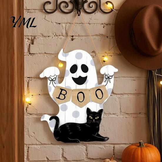 Rustic Autumn Party Decorations Cute White Ghost Wooden Door Hanger Sign with Black Cat BOO Farmhouse Halloween Porch Banner, Waterproof Front Plaque