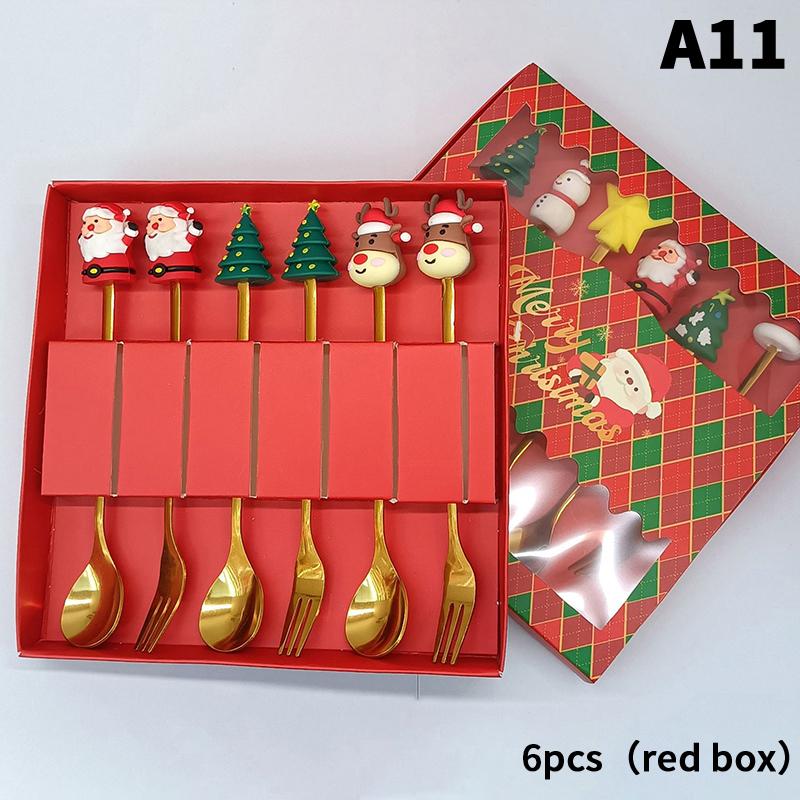 

1/2/4/6 шт. Ложка из нержавеющей стали Рождественская десертная ложка Вилка для торта Мультяшная рождественская елка Ложка-лось Вилка Рождественская подарочная коробка