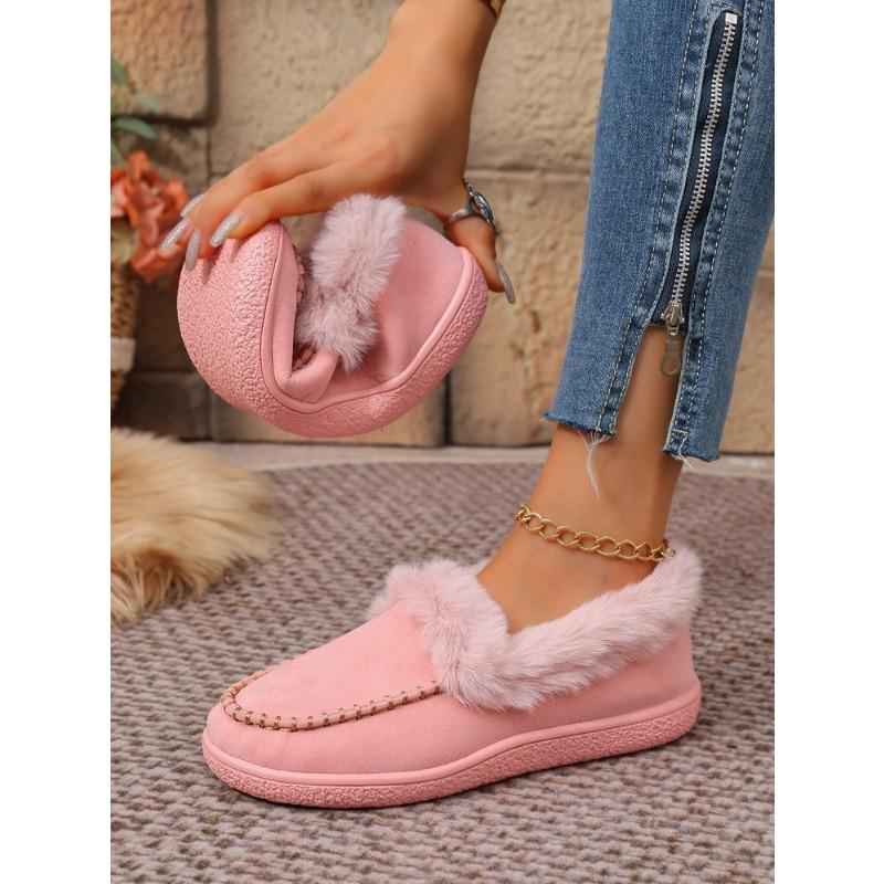 Women's Plus Size Furry Cuff Flat Cotton Shoes Autumn Winter Fleece Lined Warm Slip on Shoes