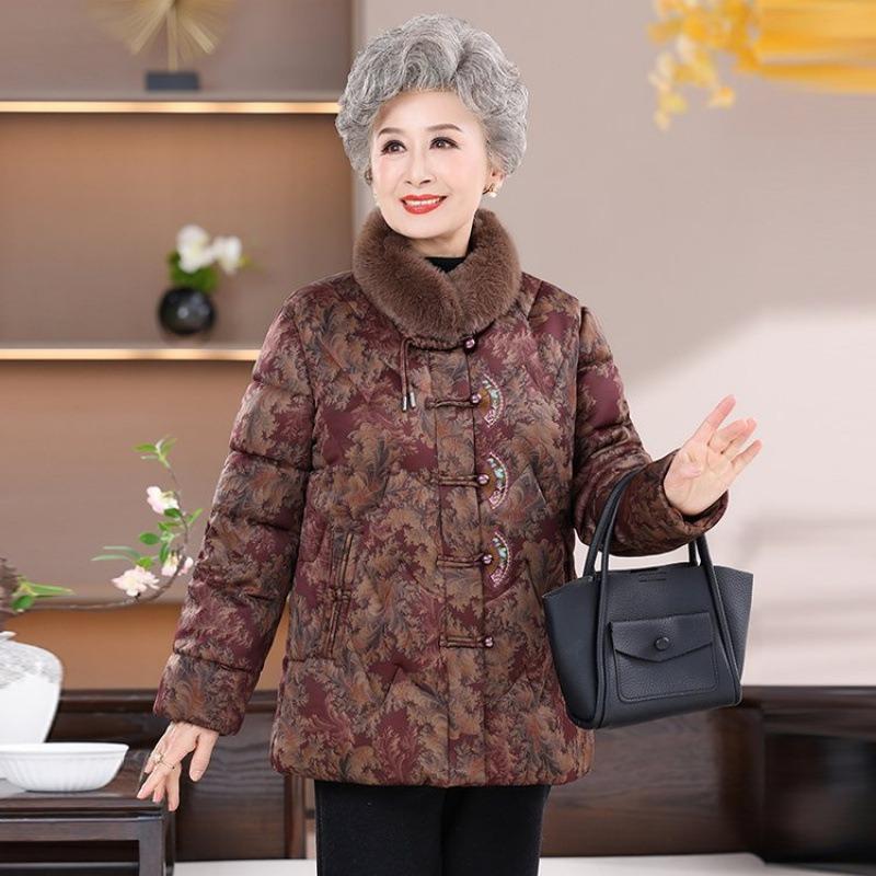 

Old lady winter Tang-style cotton-padded jacket stand-up collar fur collar velvet cotton-padded jacket for women 5XL [recommended 150-80kg] фуксия