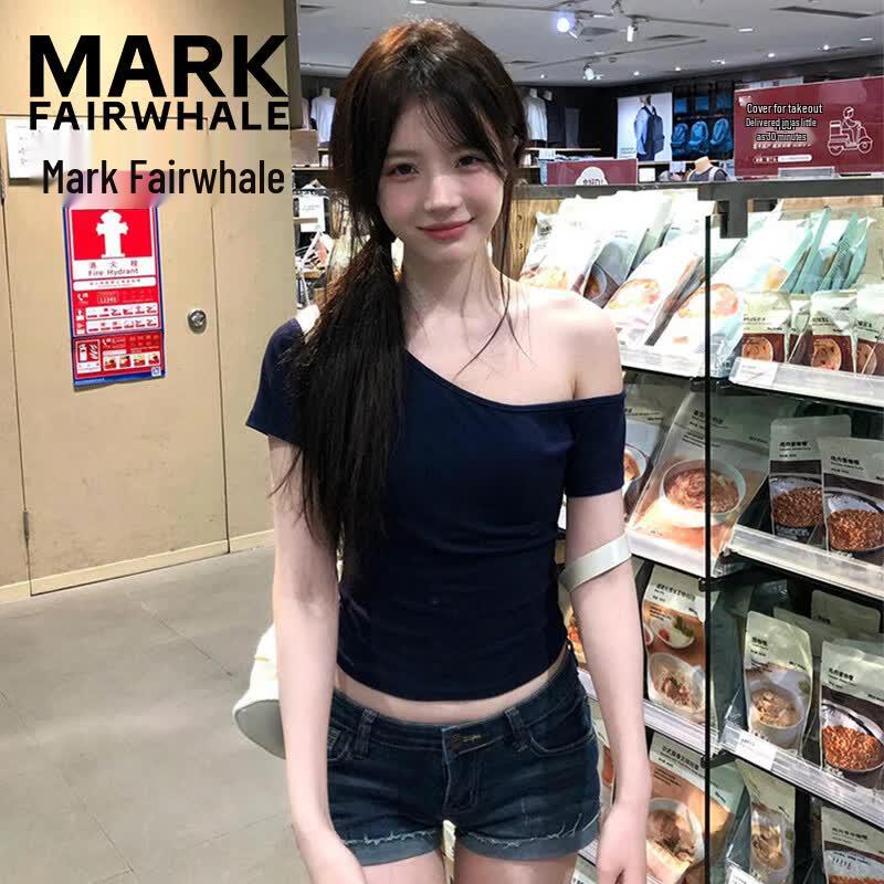 MARK FAIRWHALE Women s Oblique Collar Off-Shoulder Pleated Slimming T-Shirt L