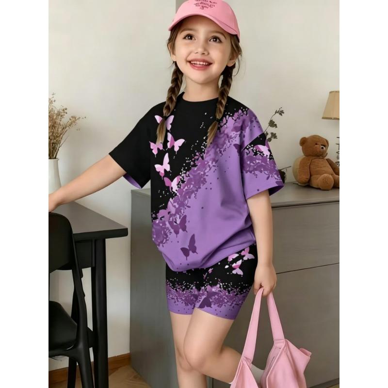 1615 Flame Retardant Digital 3D Swan Girls' Short Sleeve and Shorts Home Wear Set, Suitable for Girls Aged 3 To 8