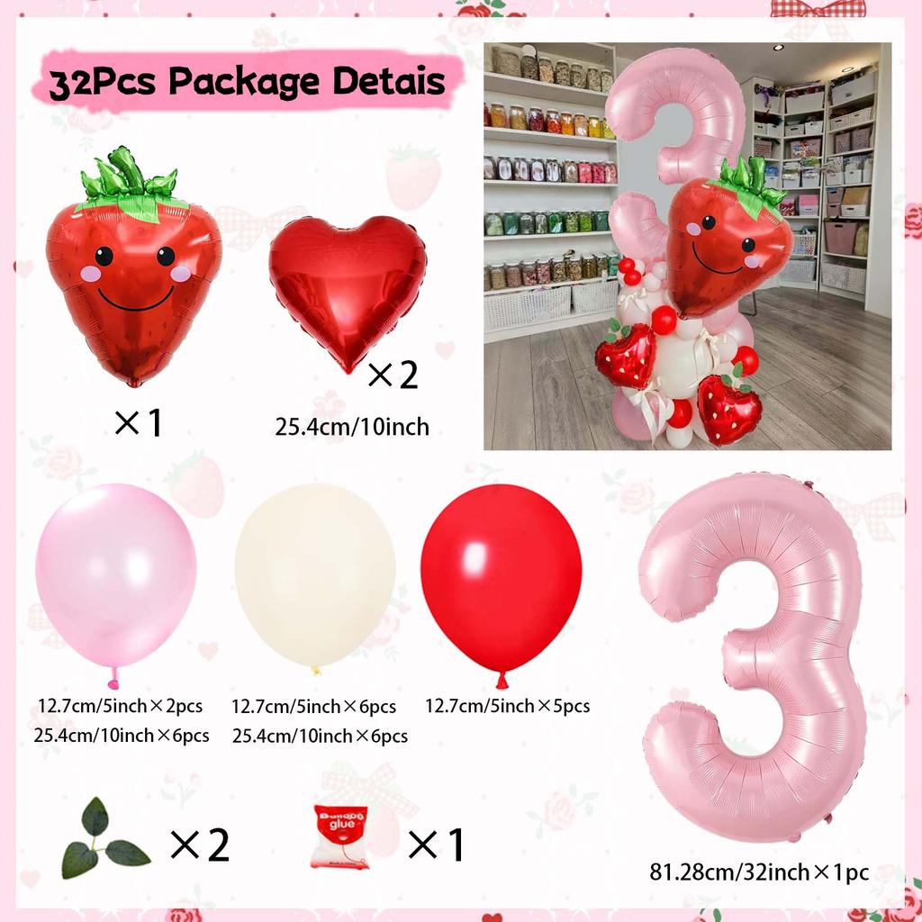 Strawberry Digital Balloon Numbers 0-9 Strawberry Love Aluminum Film Pink White Red Balloon for Anniversary Birthday