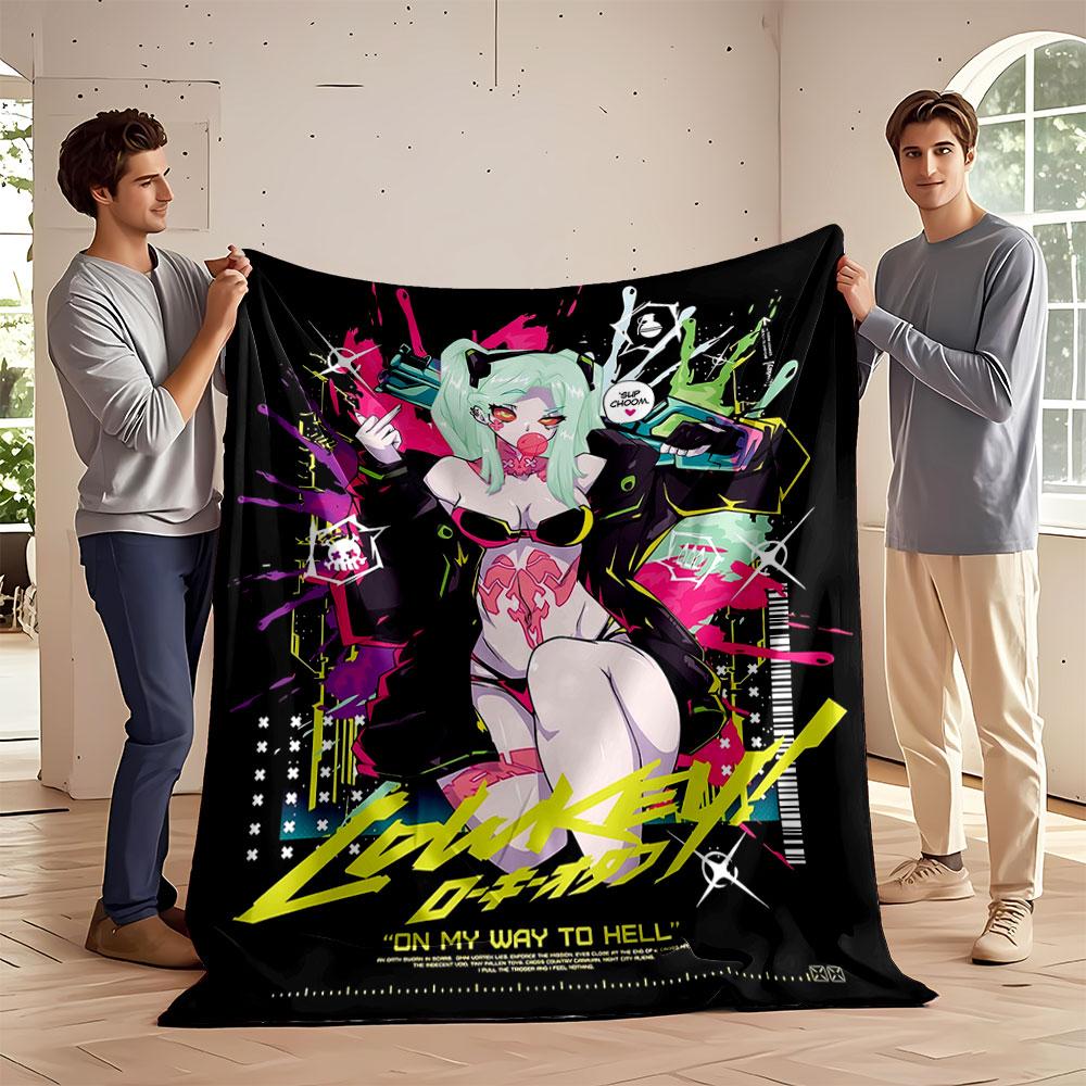 A neon punk anime style with bold graffiti and striking graphic elements. for all seasons blanket lunch break throw gift