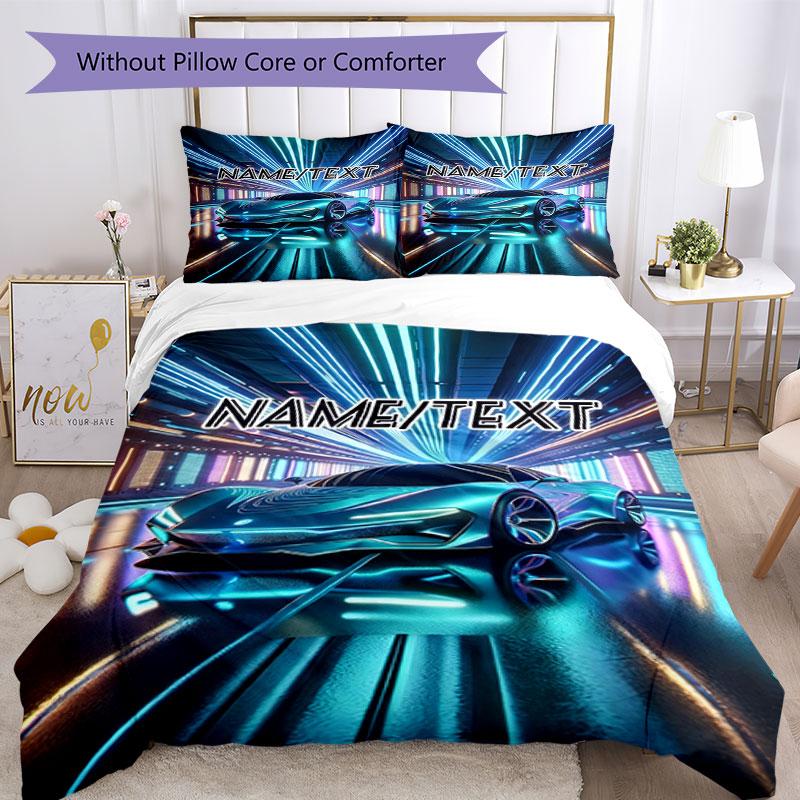 3PC Custom Name Futuristic Car Neon Lights Bedding Set Printed Bedding Set Duvet Cover Closure Includes 1 Duvet Cover & 20 Pillowcases for Bedroom