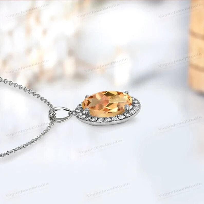 Citrine Pendant For Women Oval Shaped Citrine Nacklaces Art Deco Citrine Halo We