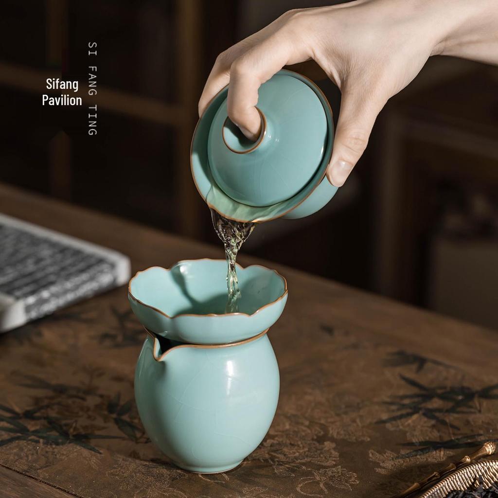 Ru Kiln Gaiwan Tea Set: Handmade Jingdezhen Kung Fu Ceramic with Three Talents Tea Cups in Retro Porcelain Gift Box