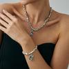 Elegant Black Zircon Geometric Pendant Necklace Bracelet for Women Punk Silver Color Irregular Beaded Clavicle Chain Jewelry Set