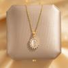 2026 Elegant Cat's Eye Stone Flower Necklace - Vintage Gold Plated Titanium Steel Zircon Halo Pendant for Women