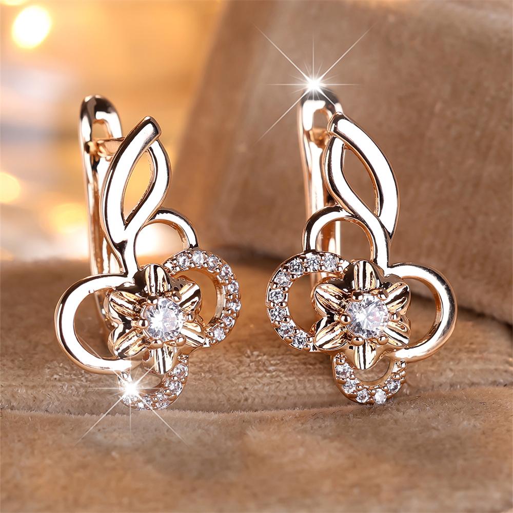 Round Stone White Zircon Hollow Flower Hoop Earrings For Women Vintage Gold Color Small Ear Buckle Wedding Jewelry Gifts