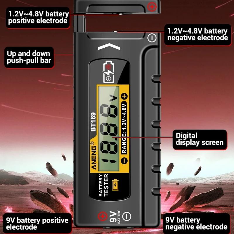 2026 ANENG BT169 Universal Digital Battery Tester No Power Required AA AAA 9V 18650 Button Cell ABS Plastic Battery Level Tester Tool Digital Display