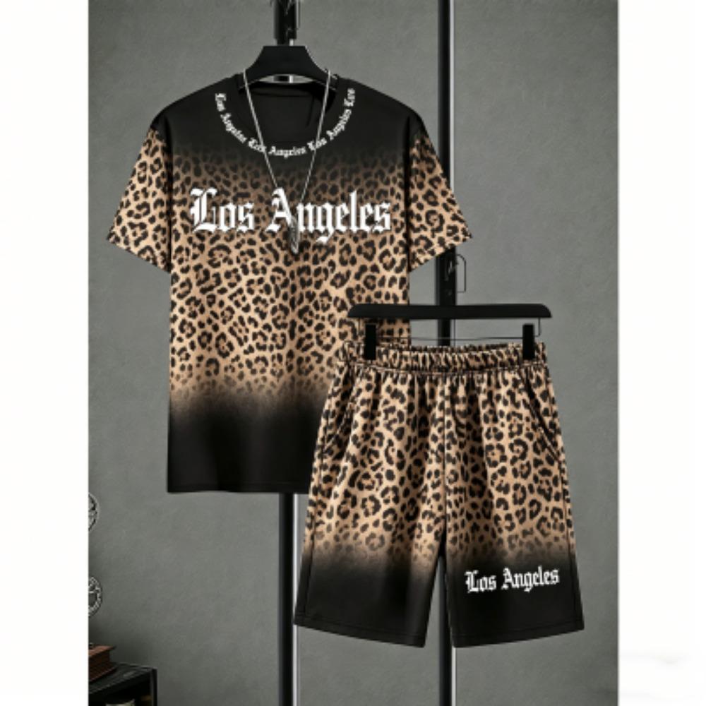 

Fashion Letter Leopard Colorful Printed Men s T-shirt and Shorts 2 Piece Set Summer Casual Outdoor Plus Size Men s and Women s T-shirt Sets XXS