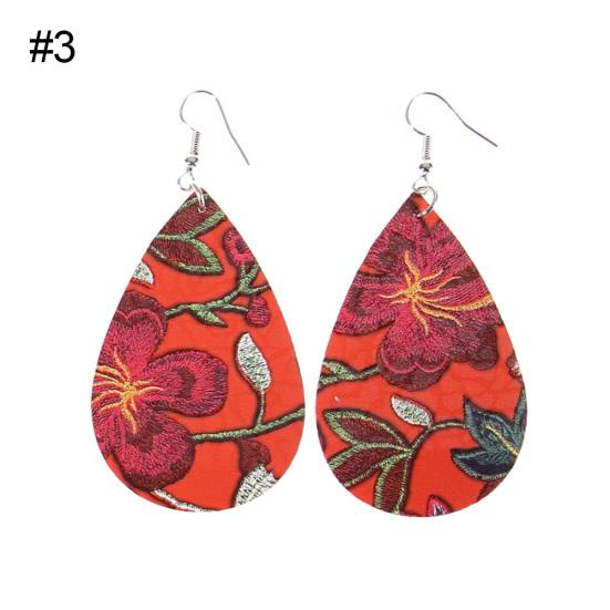 Water Drop Dangle Embroidery Faux Leather Hook Earrings Women Banquet Jewelry
