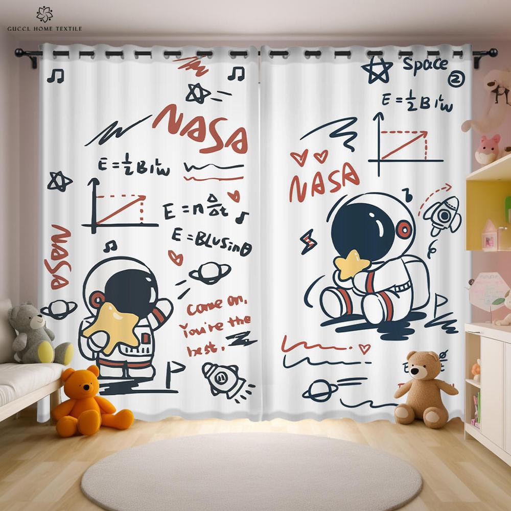 

Анимированные шторы с изображением астронавта и космоса для детской комнаты, украшение окна, полузатемняющие шторы, украшение дома W50xH130(CM)x2PCS&Grommet Top