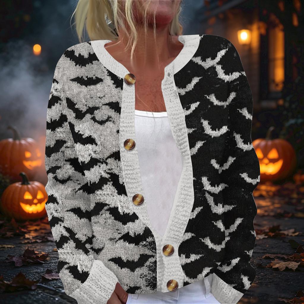 Women's Halloween Print Long Sleeve Knit Cardigan Button Front Sweater for Fall Outfits