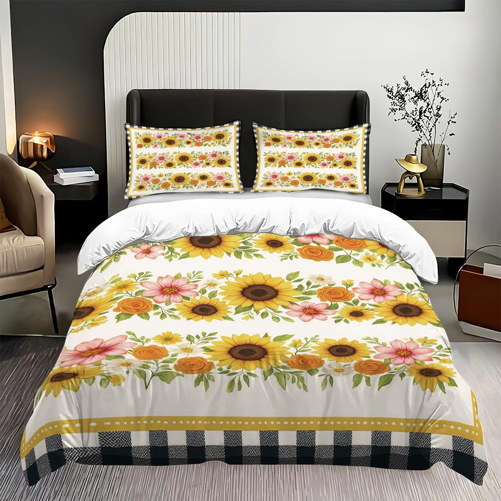 Dreiteilige Sonnenblumen-Bettwäsche mit Sandfinish, Blumendeckenbezug, Digitaldruck-Bettwäscheset