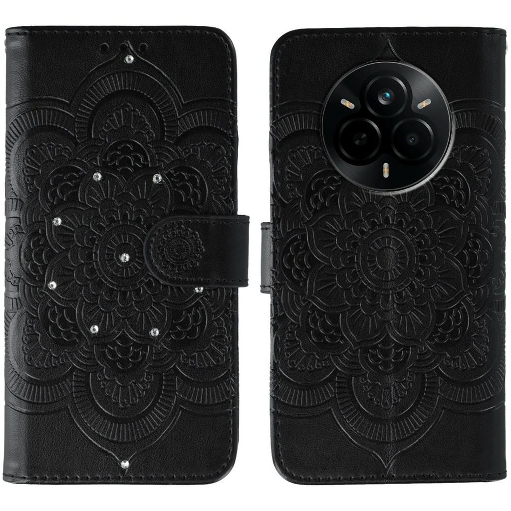 For Realme 14 Pro 5G Case Rhinestone Decor PU Leather Mandala Imprinted Design Phone Cover with Wrist Strap