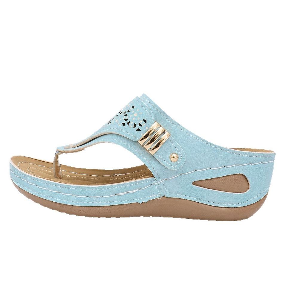 Large size new flip-flops women's summer pinch feet cool slippers women's hollow metal thick bottom wedge slippers women